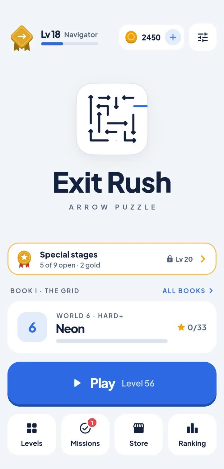Exit Rush home screen with rank, coins and the next level
