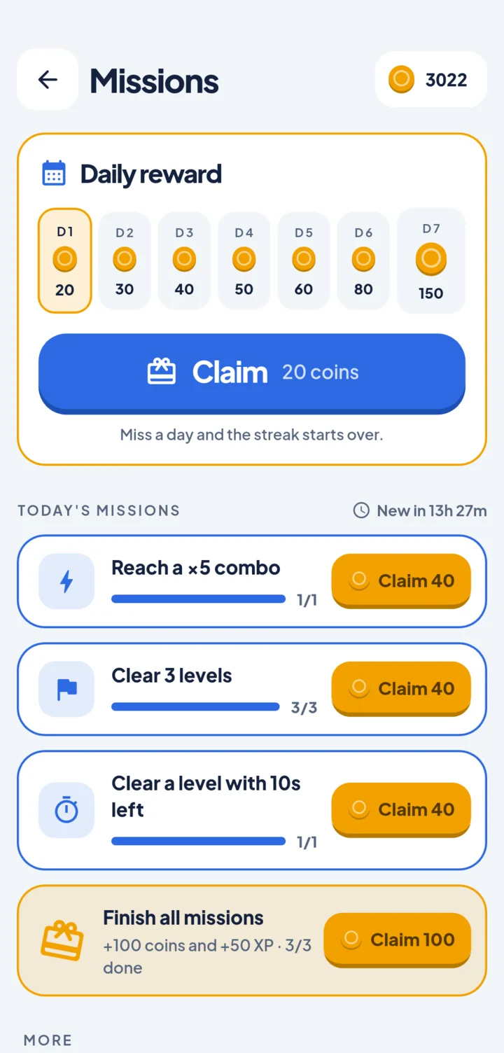 Daily reward and today's missions